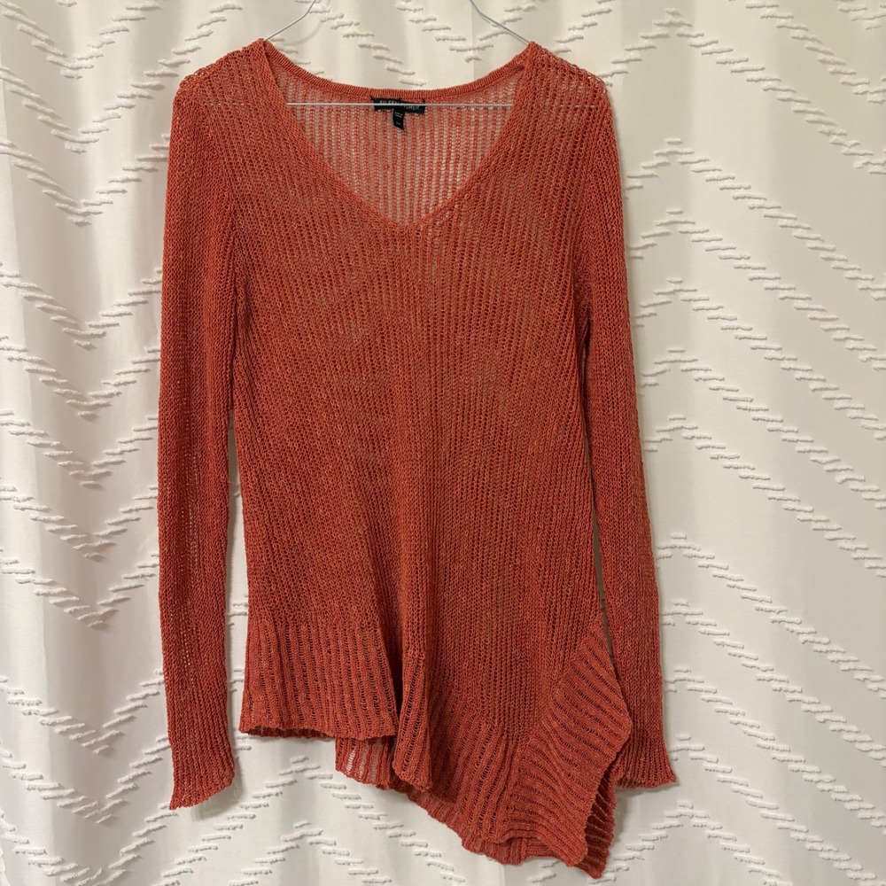 Eileen Fisher Terracotta Orange Open Knit Asymmetrical V-Neck Sweater XS
